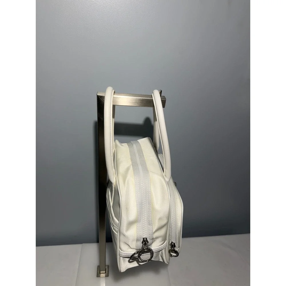 Lacoste White Canvas Vintage Bowling Bag Striped Sporty Satchel Top Handle Purse